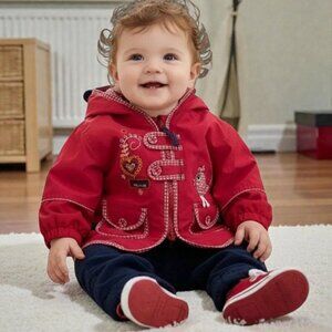 Peluche & Tartine Red Hooded Fleece Lined Hearts Bird Jacket 12 Months